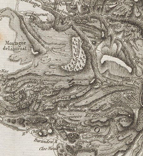 Detail of Nicholas Desmarest’s geological map of the Auvergne region of France, with the Tour d’Auvergne at left. The tiny hexagons indicate columnar basalt. <i>Memoires de l’académie royale des sciences pour 1771</i> (Linda Hall Library)