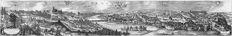 The Charles Bridge, entire panorama of Prague, with Old Town to the right and the Castle and Cathedral to the left, etching by Johannes Wechter, after Philip van den Bossche, published by Aegidius Sadeler II, 1606, Metropolitan Museum of Art (metmuseum.org)