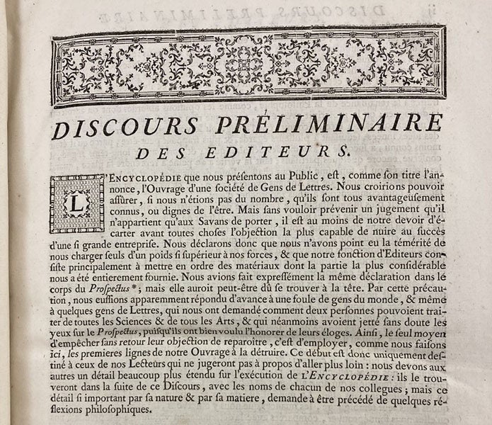 The beginning of the Discours préliminaire, by Jean D’Alembert, Encyclopédie, ed. by Denis Diderot and Jean D’Alembert, vol. 1, (Linda Hall Library)
