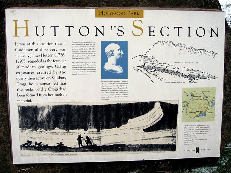 Plaque explaining Hutton’s section at Salisbury Crags, Holyrood Park, Edinburgh, Scotland (curiousedinburgh.org)