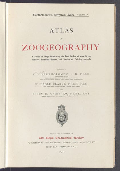 Title page, John George Bartholomew, Atlas of Zoogeography, 1911 (Linda Hall Library)