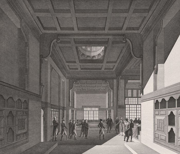 The first meeting of the Institute of Egypt, in the harem room of the former palace of Hasân Kâchef in Cairo, Description de l’Égypte. État modern. Planches, vol. 1, pl. 55, 1809-1828 (Linda Hall Library)