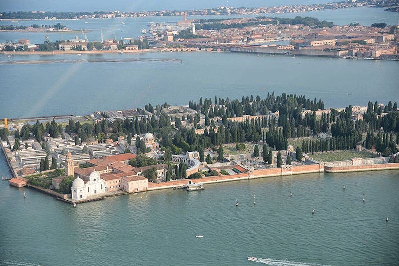 The church and cemetery of San Michele on an island in the Venetian lagoon, where the remains of Paolo Sarpi were reburied after the Church of Santa Maria dei Servi was destroyed, photograph by Anton Nossik (Wikimedia commons)