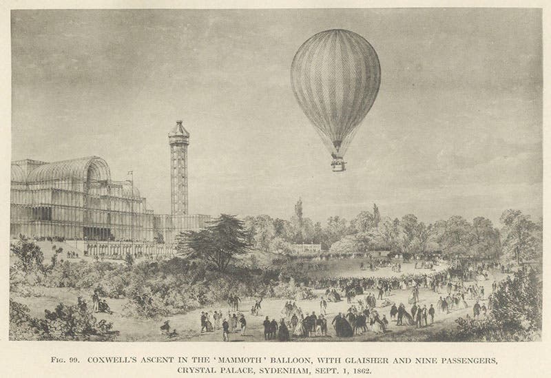 Ascent of the Mammoth from Crystal Palace, Sydenham Park, London, Sep. 1, 1862, with Glaisher, Coxwell and 7 others aboard, photogravure in The History of Aeronautics in Great Britain, 1924 (Linda Hall Library)