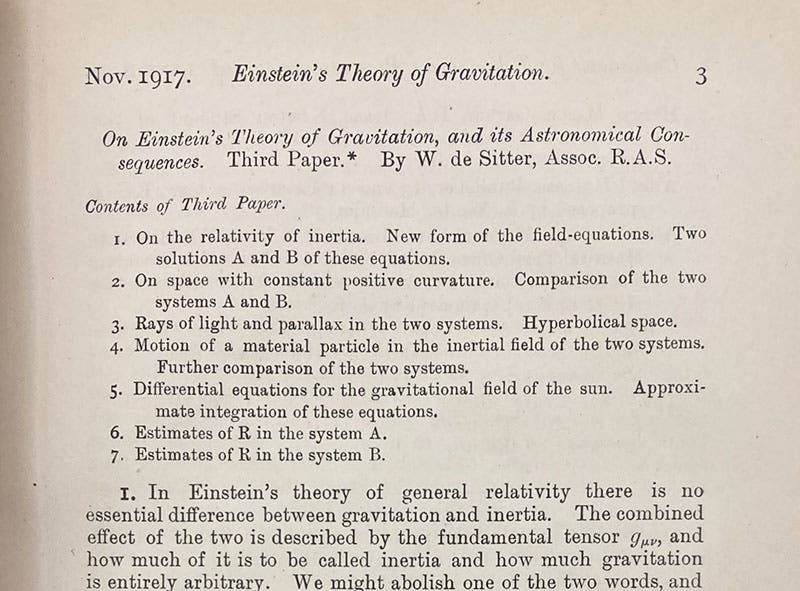 First page of third paper by William de Sitter on Einstein’s application of general relativity to astronomy, Monthly Notices of the Royal Astronomical Society, vol. 78, 1917 (Linda Hall Library)