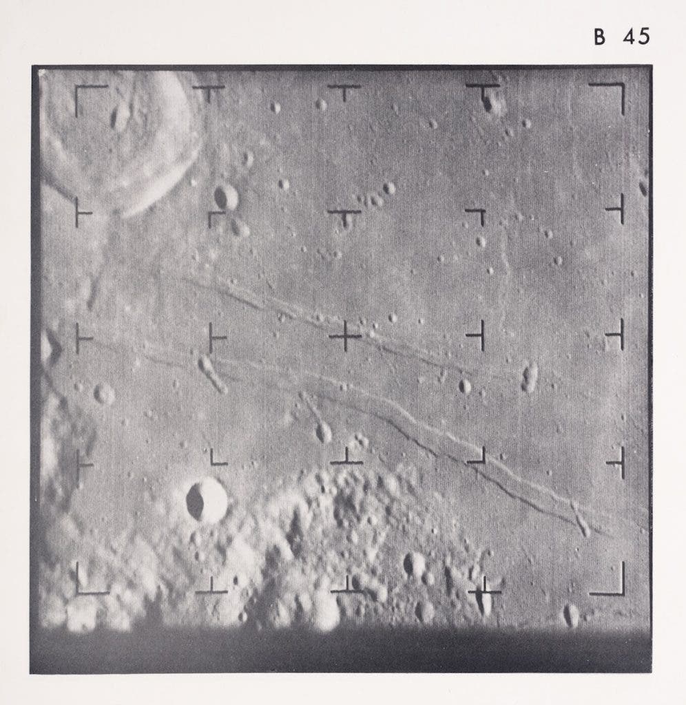 Ranger VIII photograph of Mare Tranquillitatis that was taken about five seconds before impact. The image area is approximately one mile across. Image source: Jet Propulsion Laboratory. Ranger VIII Photographs of the Moon. NASA, 1966. View Source