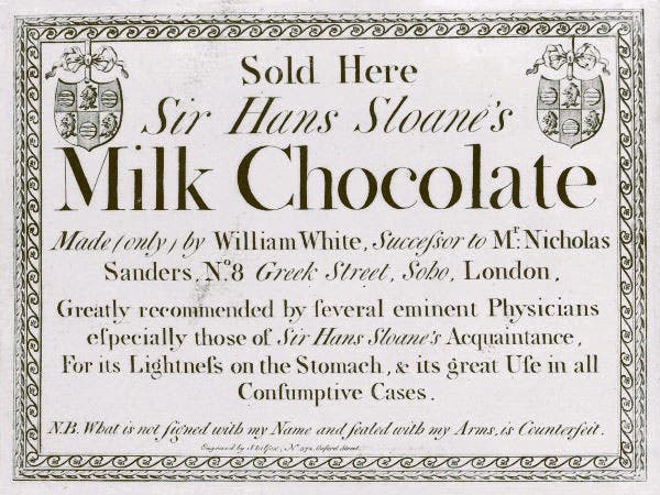 A trade card advertising Hans Sloane’s milk chocolate, Wellcome Collection, London (wellcomecollection.org)