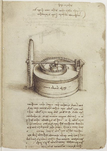 Device for drawing constant power from a coiled spring, drawing by Leonardo da Vinci, 1490s, fol. 4r, Madrid Codices, vol. 1, 1974 (Linda Hall Library)