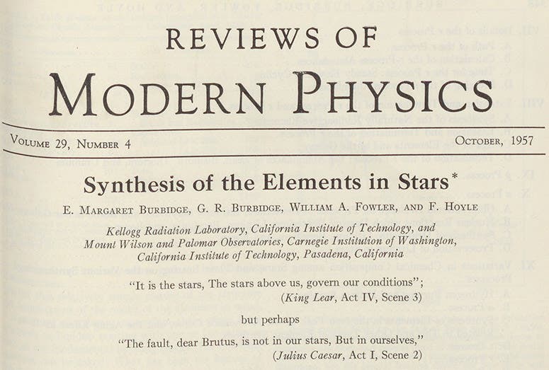 Detail of the first page of the B2FH paper on stellar nucleosynthesis, by Margaret Burbidge, Geoffrey Burbidge, Willy Fowler, and Fred Hoyle, Reviews of Modern Physics, vol. 29, 1957 (Linda Hall Library)