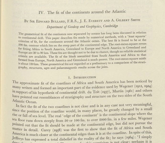 Detail of first page of paper by Edward Bullard, Jim Everett, and Alan Smith, Philosophical Transactions of the Royal Society of London, vol. 258A, 1965 (Linda Hall Library)
