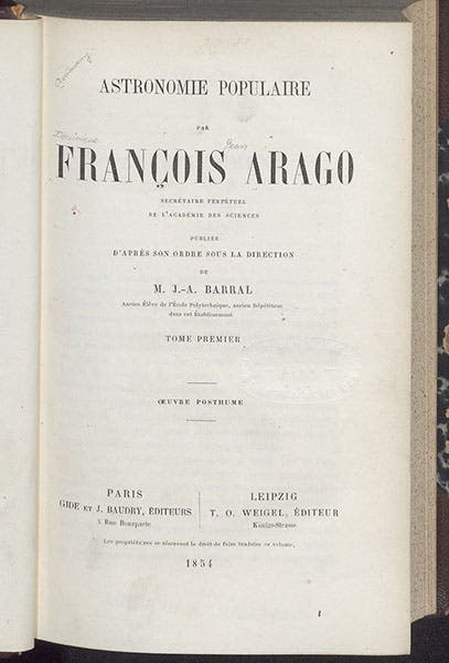 Titlepage, François Arago, Astronomie populaire, volume 1, 1854 (Linda Hall Library)