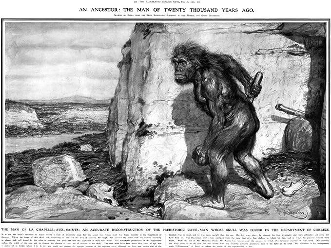 Reconstruction of the Neanderthal from La Chapelle-aux-Saints, drawing by Frantisek Kupka, Illustrated London News, Feb. 27, 1909, reproduction offered for sale (amazon.com)