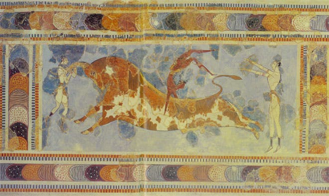 Bull-leaping fresco, found by Arthur Evans and his crew, here reconstructed and on display, Heraklion Museum, Crete (Odysseus.culture.gr)