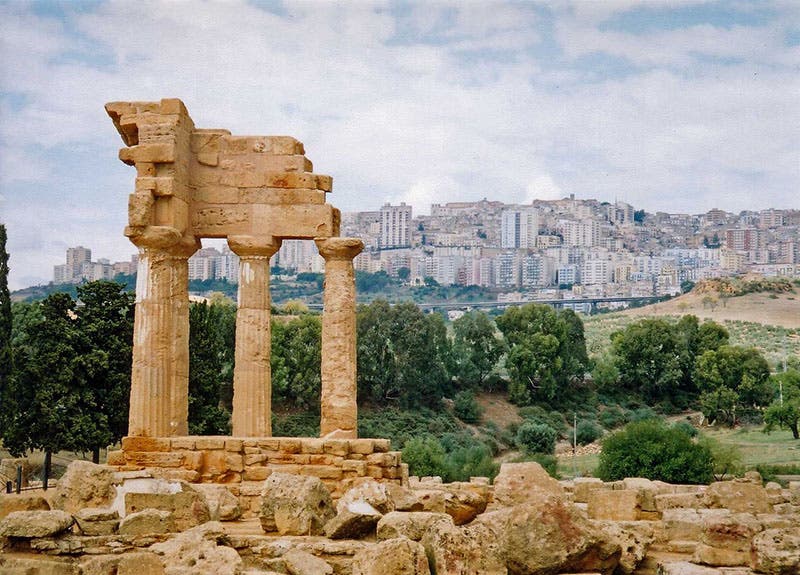 The temple of Gemini, Akragas, Sicily, just outside the modern city of Agrigento, recent photo (Wikimedia commons)