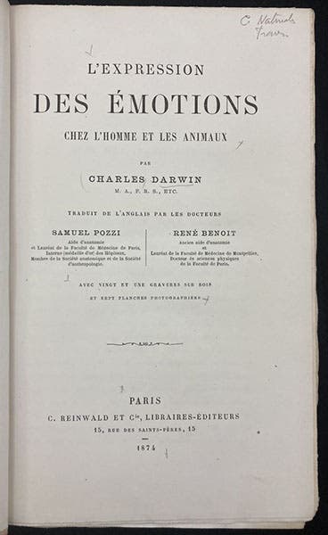 Title page, L'expression des émotions chez l'homme et les animaux, by Charles Darwin, translated from the English by Samuel Pozzi and René Bénoit, 1874 (Linda Hall Library)