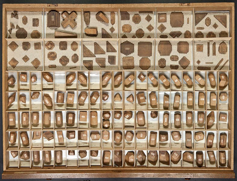 Drawer filled with pearwood models of the diagrams in Haüy’s treatise, in Teylers Museum, Haarlem (Teylers Museum on twitter)