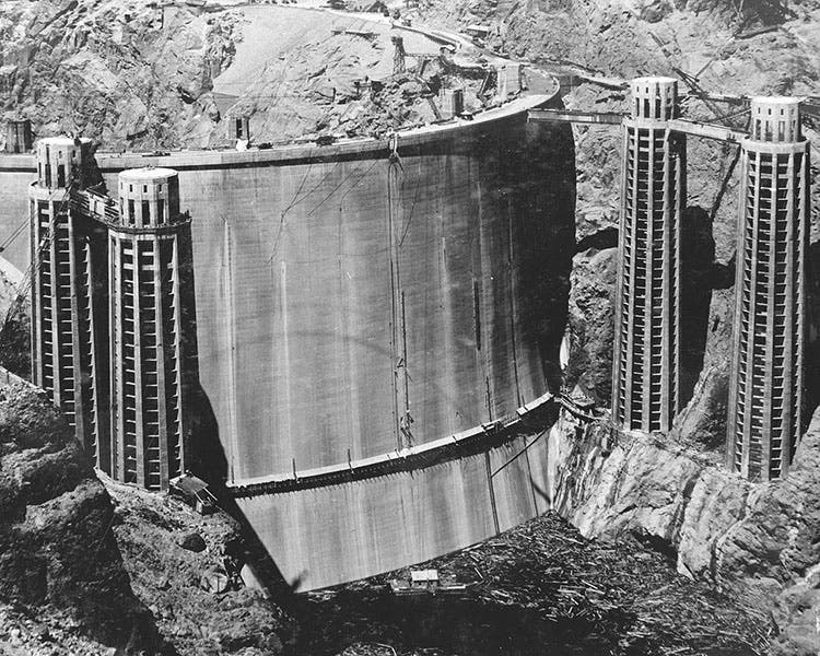 Upstream view of completed Hoover Dam, before Lake Mead began to fill, photograph, ca 1936 (Wikimedia commons)