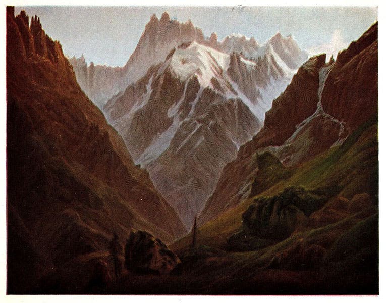 Hochgebirge, oil on canvas, by Caspar David Friedrich, 1824, once in the Old National Gallery in Berlin, now lost or destroyed; from a postcard (ebay.com)