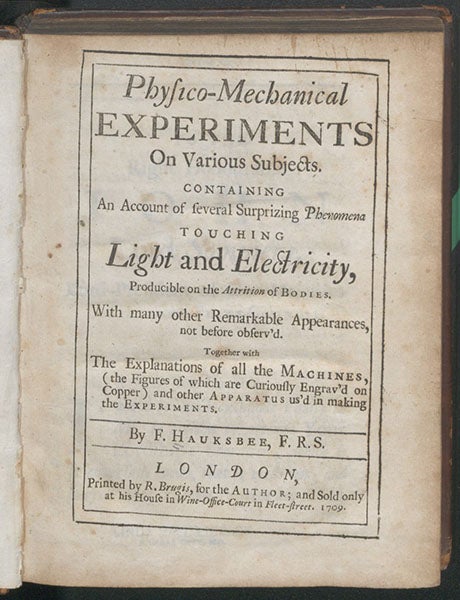 Titlepage, Francis Hauksbee, Physico-mechanical Experiments on Various Subjects, 1709 (Linda Hall Library)