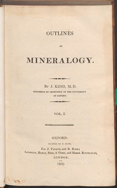 Title page of Outlines of Mineralogy, by John Kidd, vol. 1, 1809 (Linda Hall Library)