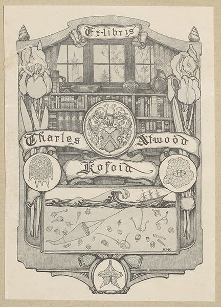 Bookplate of Charles Kofoid, from his copy of Conrad Gessner, Historia animalium, vol. 1, 1551 (Linda Hall Library)