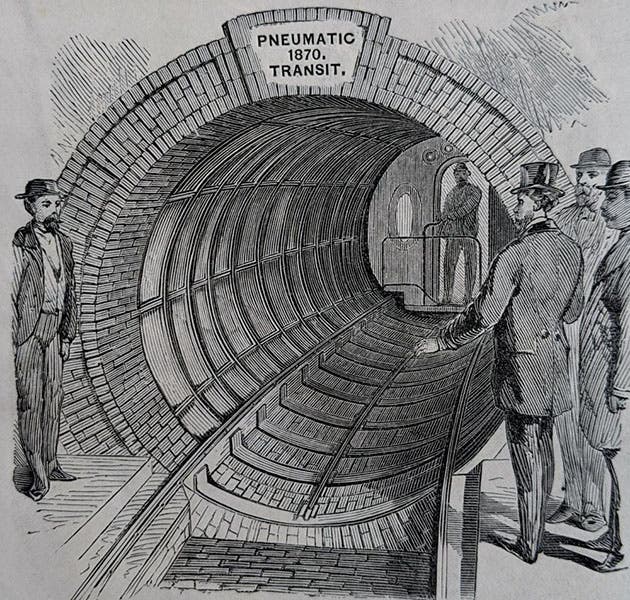 View of the Broadway Pneumatic Tunnel from the station, with the car arriving, wood engraving, Illustrated Description of the Broadway Pneumatic Underground Railway, 1870, New York Historical Society (nyhistory.org)