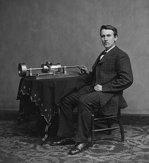 Portrait of Thomas Edison, with his second phonograph model, photograph by L.C. Handy, 1877, Library of Congress (Wikimedia.com)
