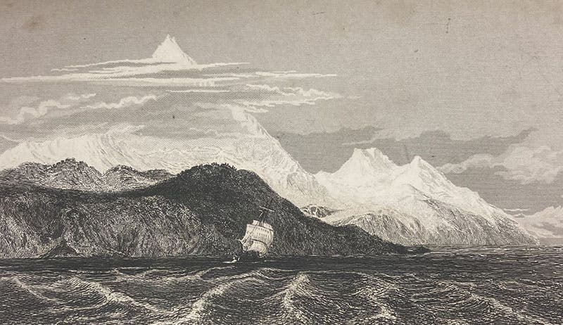 Mount Sarmiento in Tierra del Fuego, with HMS Beagle in the foreground, etching after a drawing by Conrad Martens, in Narrative of the Surveying Voyages of His Majesty's Ships Adventure and Beagle, between the Years 1826 and 1836, by Robert FitzRoy, vol. 1, p. 252, 1839 (Linda Hall Library)