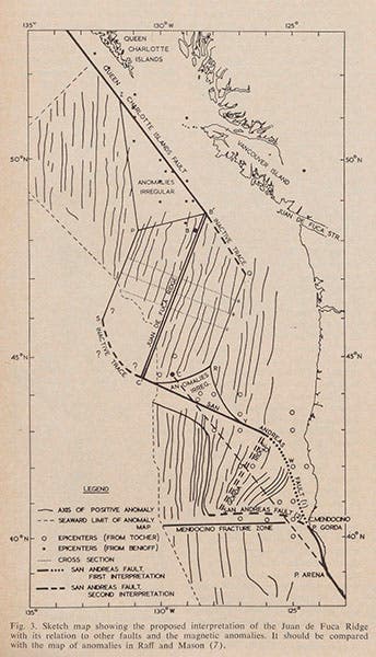 Map of the Juan de Fuca ridge off the coast of Washington state, showing the ridge as a double line and the transform faults at an angle; the fault running southeast from the ridge, shown twice as a dashed or dotted line, is the San Andreas fault. From Wilson’s paper in <i>Science</i>, 1965 (Linda Hall Library)
