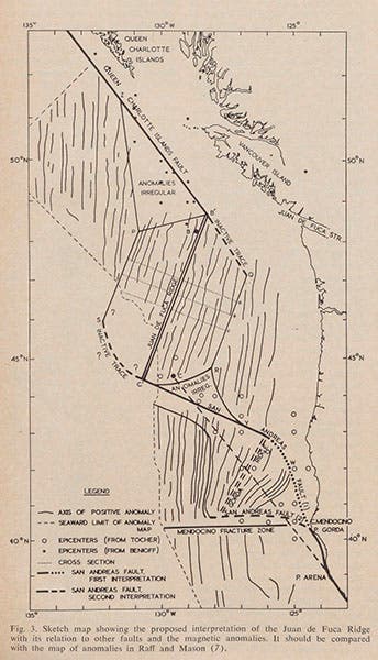 Map of the Juan de Fuca ridge off the coast of Washington state, showing the ridge as a double line and the transform faults at an angle; the fault running southeast from the ridge, shown twice as a dashed or dotted line, is the San Andreas fault.  From Wilson’s paper in <i>Science</i>, 1965 (Linda Hall Library)