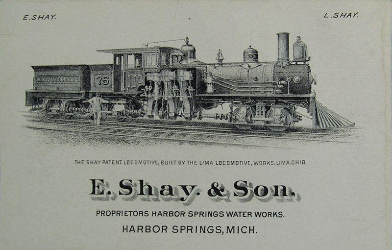 Advertising card, Shay locomotive, issued after Shay moved to Harbor Springs, Michigan (thumbs.worthpoint.com)