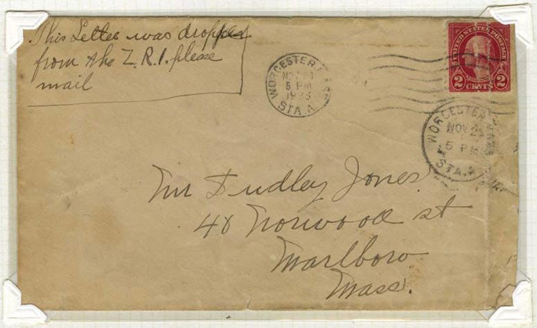 Letter dropped from USS Shenandoah and delivered to addressee, young Mr. Dudley Jones, of Marboro, Mass., on Nov. 23, 1923, National Postal Museum, Smithsonian Institution (airandspace.si.edu)