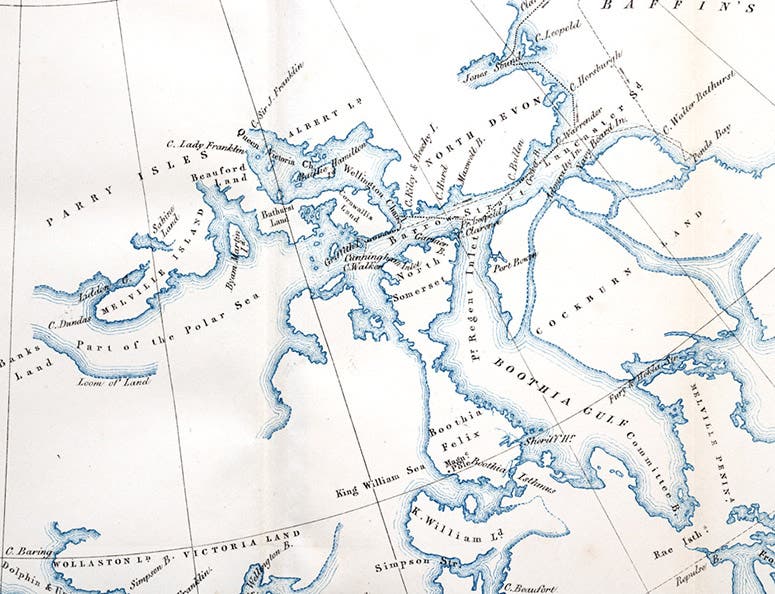 Detail of a map of the Arctic archipelago; Griffith Island, the winter harbor for Austin’s ships, is left of center. Most of what is shown as water was ice for 10 months of the year; engraving from Sherard Osborn, Stray Leaves from an Arctic Journal, 1852 (Linda Hall Library)