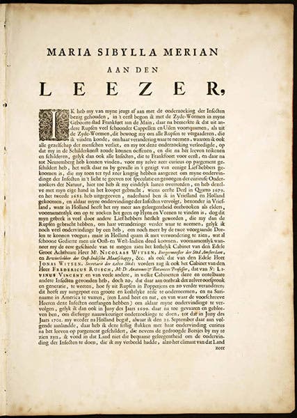 “Aan den Leezer” (To the Reader), from Maria Sibylla Merian, Metamorphosis, 1705 (see detail below) (Linda Hall Library)
