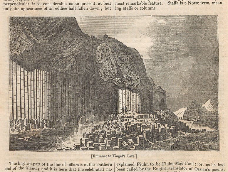 Woodcut, detail of an article on Fingal’s Cave, The Penny Magazine, vol. 1, 1832 (Linda Hall Library)