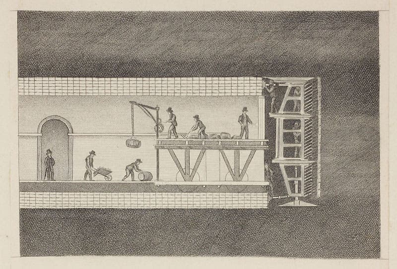 Marc Brunel’s tunneling shield being used to dig the first Thames Tunnel, engraving in An Explanation of the Works of the Tunnel under the Thames, by the Thames Tunnel Company, 1836 (Linda Hall Library)