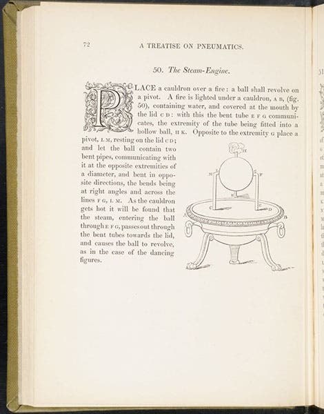Steam engine (aeolipile), line drawing, The Pneumatics of Hero of Alexandria, transl. for and ed. by Bennet Woodcroft, 1851. (Linda Hall Library)