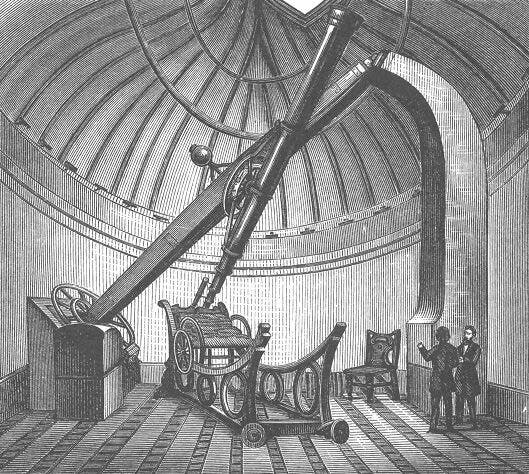 The 7-inch Dolland refractor used by William Dawes for his observations of double stars, 1839-44, George Bishop Observatory, Regents Park, London, contemporary engraving (Wikimedia commons)