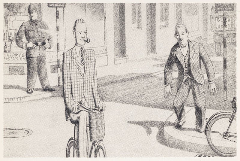A foreshortened cyclist viewed by bystanders, if the speed of light were small, drawing by Gamow, Mr. Tompkins in Wonderland, 1940 (author’s copy)