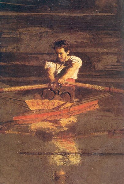 Self-portrait of Thomas Eakins, detail of Max Schmitt in a Single Scull, oil on canvas by Thomas Eakins, 1871, Metropolitan Museum of Art, New York City (Wikimedia commons)