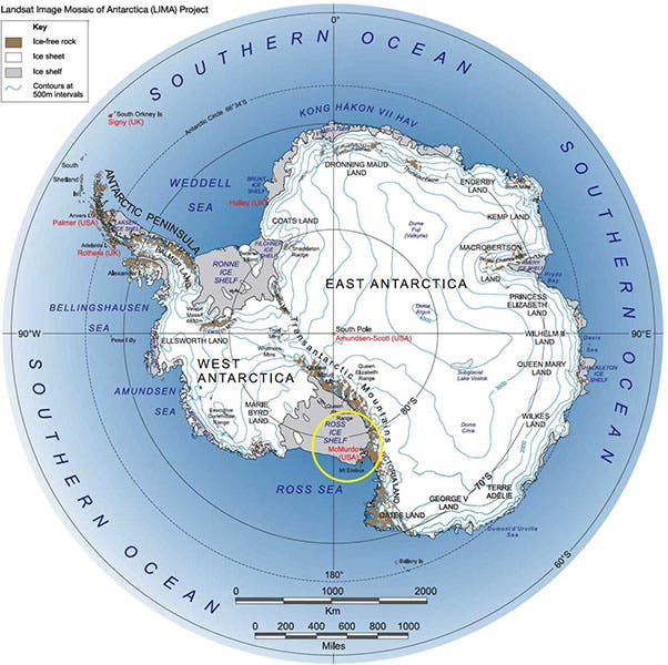 Map of Antarctica, with Ross Sea and McMurdo Sound within the yellow circle (icestories.exploratoriuim.edu)