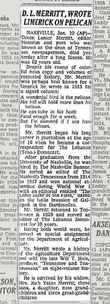 Obituary notice, “D.L. Merritt, Wrote Limerick on Pelican,” New York Times, Jan. 11, 1972 (timesmachine.nytimes.com)