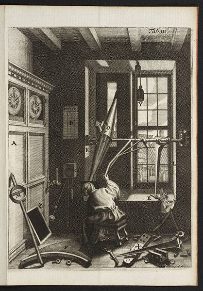 Ole Rømer at his meridian telescope, engraving, from Horrebow, Basis astronomiae, 1735 (Linda Hall Library)