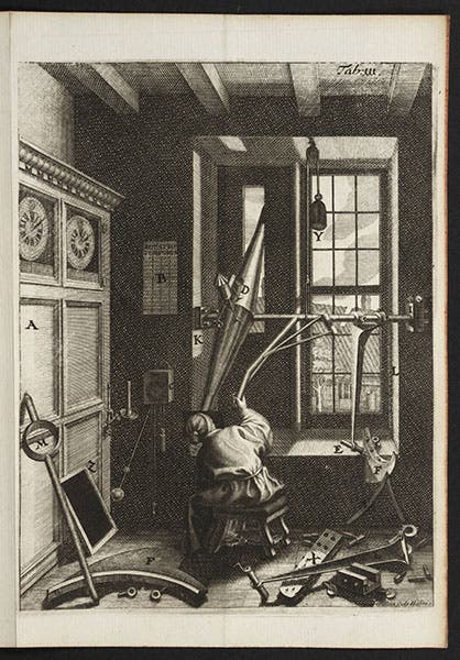 Ole Rømer at his meridian telescope, engraving, from Horrebow, Basis astronomiae, 1735 (Linda Hall Library)