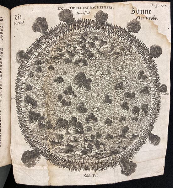 The Sun according to Christoph Scheiner, folding engraving in Das eröffnete Lust-haus, by Erasmus Francisci, 1676 (Linda Hall Library)