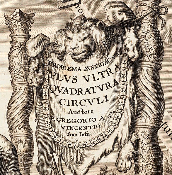 The title panel of the engraved title page of Problema austriacum plus ultra: Quadratura circuli, by Grégoire de Saint-Vincent, 1647, detail of first image (Linda Hall Library)