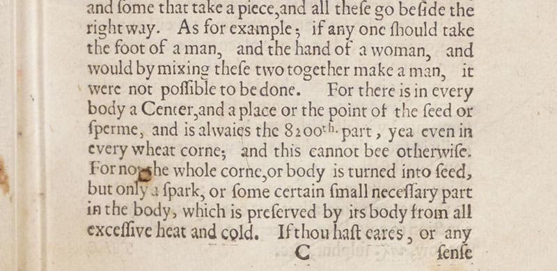 Detail from Treatise 3 with mention of the Sendivogian number, 1/8200, A New Light of Alchymie, by Michael Sendivogius, trans. by John French, 1650 (Linda Hall Library)
