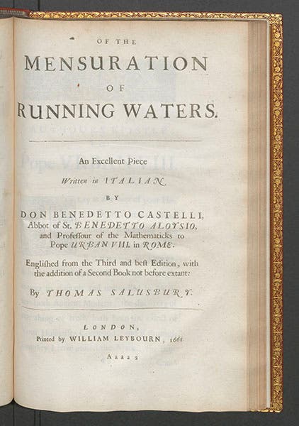 Title page of translation of Benedetto Castelli’s Mensuration of Running Waters, in Thomas Salusbury, Mathematical Collections and Translations, vol. 1, 1661 (Linda Hall Library)