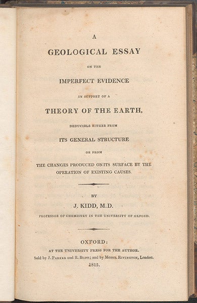 Title page, A Geological Essay on the Imperfect Evidence in Support of a Theory of the Earth, by John Kidd, 1815 (Linda Hall Library)