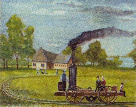 “The First American Locomotive on rails at Castle Point, Hoboken,” painting by unknown artist, unknown date, unknown location (hobokenmuseum.org)